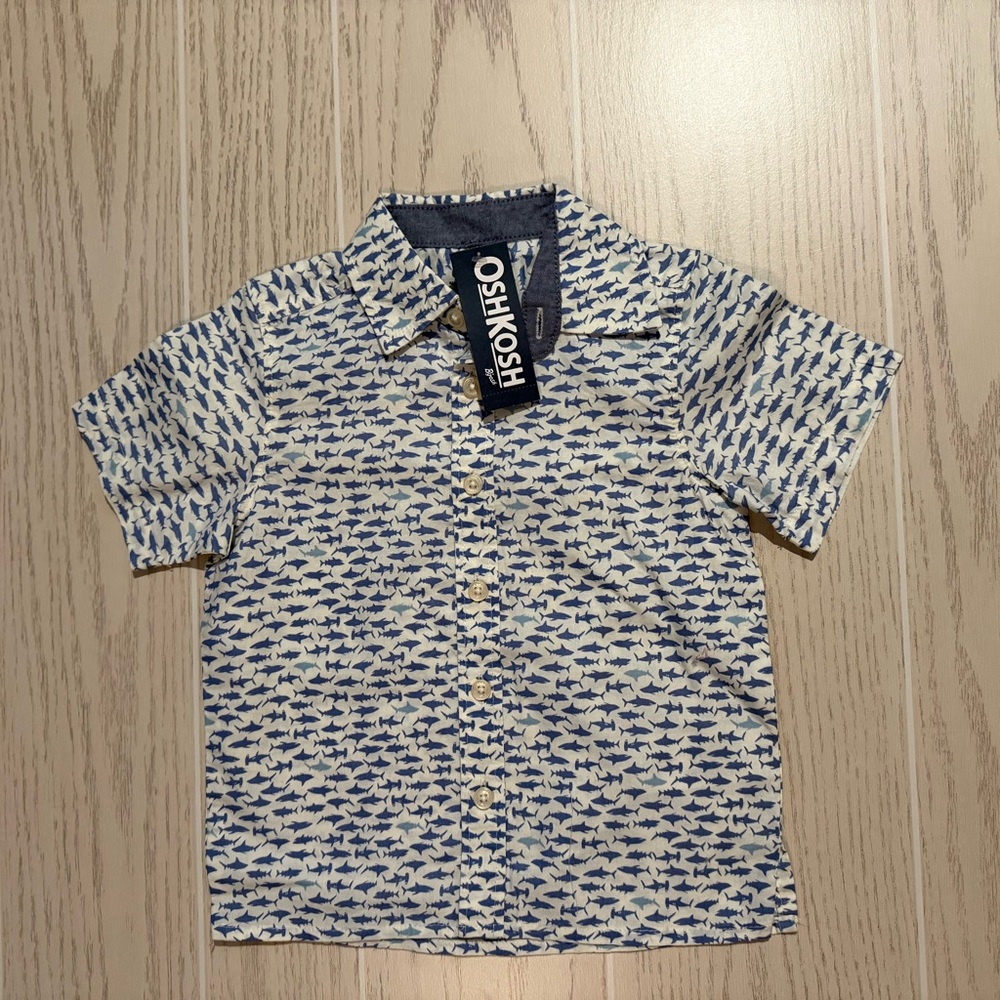 OshKosh Toddler Boy Shark‎ Shirt Size 2T Button Up Blue NEW